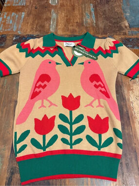 OXKNIT Birds & Tulips Sweater Floral Cotton Sweater in Tan & Green Size Small
